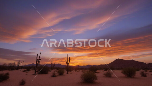 نمو النباتات البرية, القمم و المرتفعات الجبلية في البراري، التكوينات والتشكلات الرملية في صحراء المملكة العربية السعودية، مناطق البادية والبيئة الطبيعية الصحراوية وقت الغروب, خلفية الطبيعة