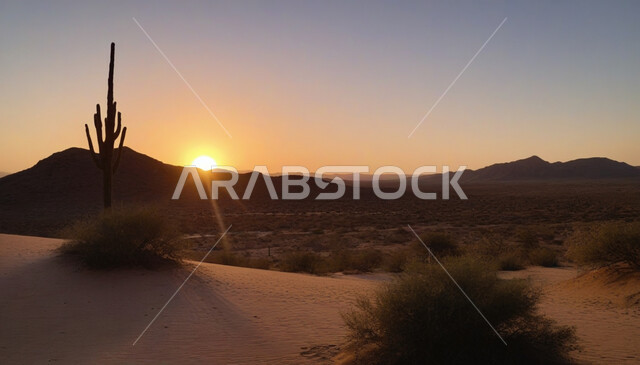 نمو النباتات البرية, القمم و المرتفعات الجبلية في البراري، التكوينات والتشكلات الرملية في صحراء المملكة العربية السعودية، مناطق البادية والبيئة الطبيعية الصحراوية وقت الغروب, خلفية الطبيعة