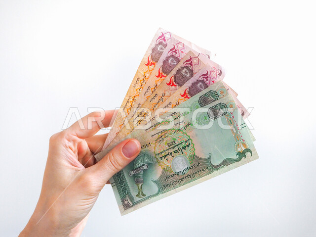 عدد من الأوراق المالية البحرية, صورة مقربة للعملات الورقية من جميع الفئات, العملة الرسمية المتداولة في البيع والشراء, مجال الاستثمار والتمويل, الاقتصاد الوطني البحريني , خلفية رمادية