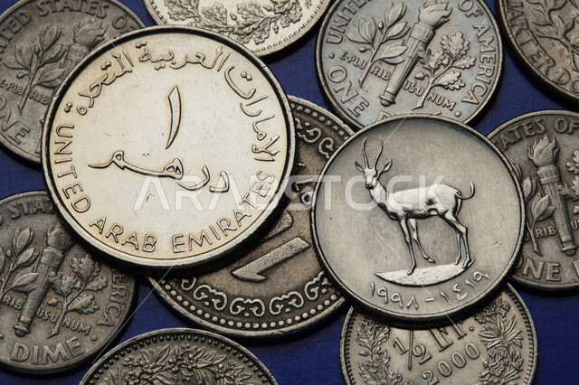 العملة الرسمية المتداولة في البيع والشراء، عدد من الأوراق المالية الاماراتية، صورة مقربة للعملات الورقية من جميع الفئات, مجال الاستثمار والتمويل, الاقتصاد الوطني الاماراتي