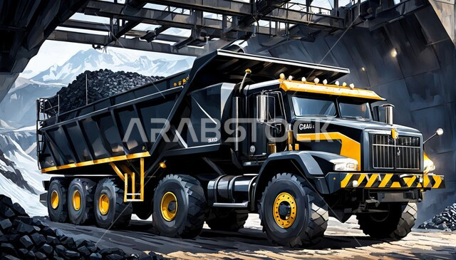 التخلص من الأتربة والصخور ونقلها بعيدا، المرتفعات وقمم الجبال في المملكة العربية السعودية، كميات ضخمة من انتاج الفحم، أماكن مناجم الفحم الطبيعي، مناطق التنقيب عن الثروات الباطنية الخام، سيارة الشحن الكبيرة تقوم بالعمل في مواقع التعدين