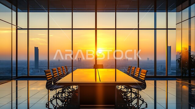 غرف مكتبية بتصاميم وديكورات داخلية فخمة، غرفة اجتماعات واسعة مع طاولة محاطة بكراسي، التصميم العصري الحديث للمكاتب في الشركات السعودية، النوافذ والواجهات الزجاجية