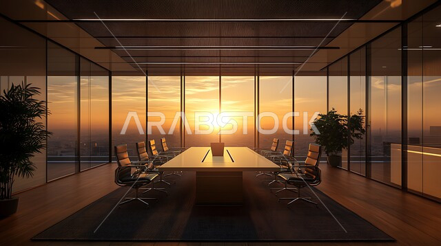 غرف مكتبية بتصاميم وديكورات داخلية فخمة، غرفة اجتماعات واسعة مع طاولة محاطة بكراسي، التصميم العصري الحديث للمكاتب في الشركات السعودية، النوافذ والواجهات الزجاجية