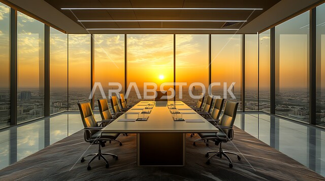 غرف مكتبية بتصاميم وديكورات داخلية فخمة، غرفة اجتماعات واسعة مع طاولة محاطة بكراسي، التصميم العصري الحديث للمكاتب في الشركات السعودية، النوافذ والواجهات الزجاجية