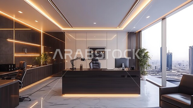 Modern contemporary design for Saudi corporate offices, spacious business room equipped with equipment and tools, glass facades and windows, advanced architectural engineering art, office work rooms with high-end interior designs and decorations