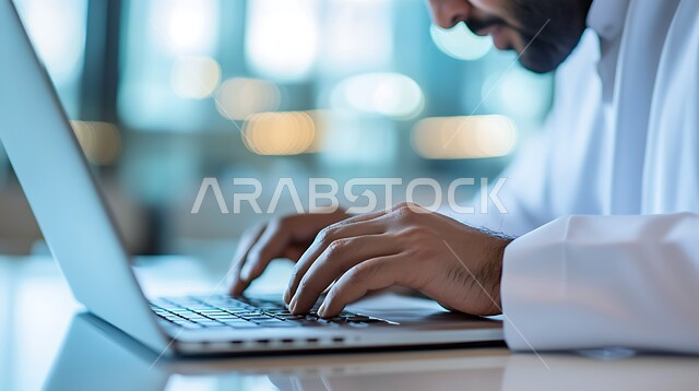 إدخال البيانات والكتابة من خلال لوحة المفاتيح، دمج العمل مع التقنية والتكنولوجيا، امتلاك مهارة الكتابة السريعة على الكيبورد، صورة مقربة لأيدي رجل عربي خليجي سعودي يقوم بالعمل على الحاسب المحمول، مهام وظائف إدارية مكتبية