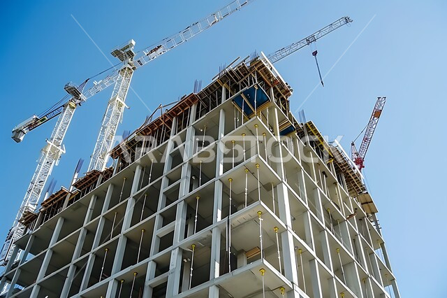 مفهوم الهندسة الإنشائية والمعمارية, رافعات البناء وصب الخرسانات ووضع الأساسات, تنفيذ مخطط الإعمار وتشكيل الهيكل المعدني, مبنى حديث قيد الانشاء, التوسع العمراني في المملكة العربية السعودية