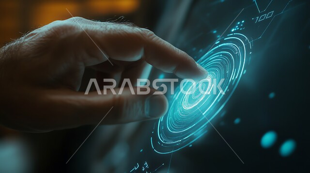 تقنيات التحكم عن بعد و الاستشعار باللمس, صورة مقربة ليد رجل عربي خليجي سعودي يقوم بالنقر على شاشة رقمية تفاعلية مضيئة باللون الازرق, مفهوم التكنولوجيا الحديثة المتقدمة