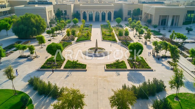 الفن الهندسي المعماري على الطراز العربي الاسلامي، تصميمات وديكورات فخمة، النمو والتقدم العمراني لبناء الجامعات في المملكة العربية السعودية، الاهتمام بزراعة الأشجار والنباتات الخضراء حول النافورة 