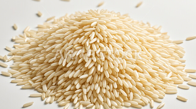 محاصيل زراعيه غنية بالنشويات, تحضير المكونات الرئيسية, محصول الارز الابيض غير المطبوخ, مجموعة من حبات الرز النيء, وصفات عربية غذائية, مأكولات وطنية محلية تقليدية, خلفية بيضاء