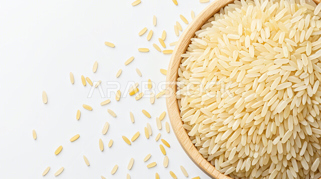 محصول الارز الابيض غير المطبوخ, محاصيل زراعيه غنية بالنشويات, طبق خشبي مليء بحبات الرز النيء, وصفات عربية غذائية, مأكولات وطنية محلية تقليدية, تحضير المكونات الرئيسية, خلفية بيضاء