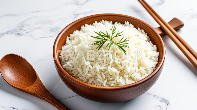 محصول الارز الابيض غير المطبوخ, محاصيل زراعيه غنية بالنشويات, طبق خشبي مليء بحبات الرز النيء, وصفات عربية غذائية, مأكولات وطنية محلية تقليدية, تحضير المكونات الرئيسية, خلفية بيضاء