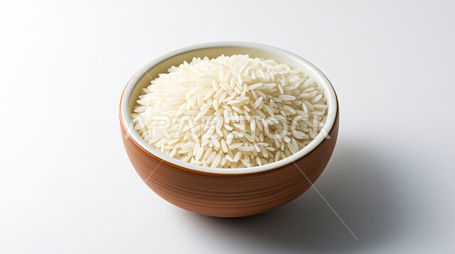 محصول الارز الابيض غير المطبوخ, محاصيل زراعيه غنية بالنشويات, طبق خشبي مليء بحبات الرز النيء, وصفات عربية غذائية, مأكولات وطنية محلية تقليدية, تحضير المكونات الرئيسية, خلفية بيضاء