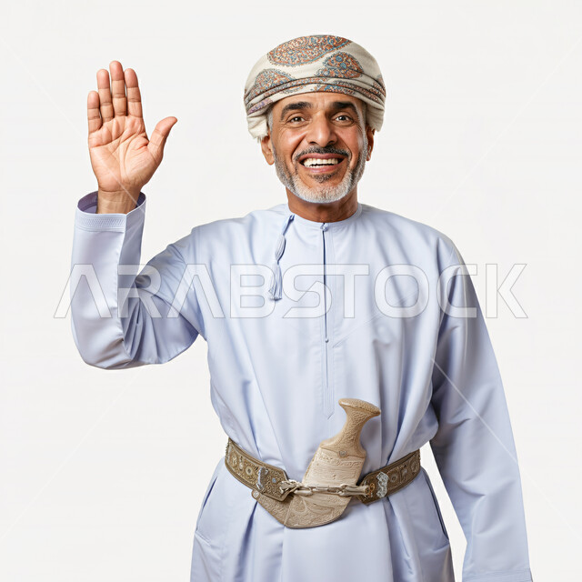 حركة يد وإشارات مختلفة, التحية والسلام والترحيب بشخص ما، بورتريه لرجل عربي خليجي عماني يرتدي الدشدشة والعمامة  ويرفع يده بإشارة الترحيب، إيماءات السعادة والبهجة والسرور، خلفية بيضاء