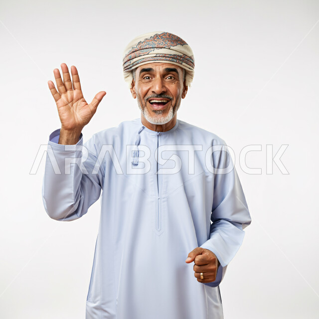 Hand gestures and different signs, greeting, peace and welcoming someone, portrait of an Arab Gulf Omani man wearing a dishdasha and turban and raising his hand in a welcoming gesture, gestures of happiness, joy and pleasure, white background
