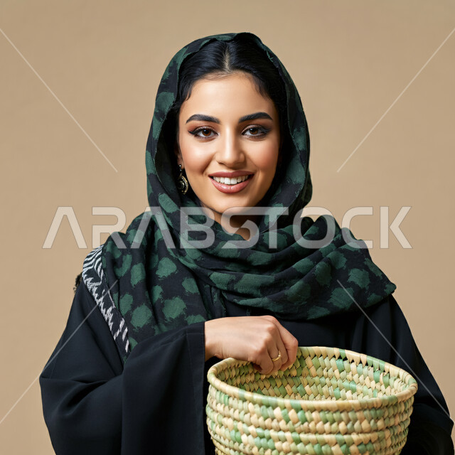 سلال مصنوعة يدوياً من سعف النخيل، مشغولات يدوية نسائية، حرف وأعمال شعبية تقليدية، بورتريه مقرب  لشابة عربية خليجية سعودية ترتدي الحجاب تحمل سلة وتنظر إلى الكاميرا بإيماءات السعادة والسرور، خلفية بيج