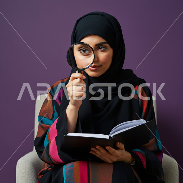 مفهوم توضيح الصورة، التدقيق باستخدام الأدوات البصرية، الفحص والاستكشاف والرؤية عن قرب، بورتريه مقرب لامرأة عربية خليجية سعودية ترتدي الحجاب والعباءة تحمل دفتر تنظر من خلال العدسة المكبرة إلى شيء ما بإيماءات التركيز، خلفية بنفسجية