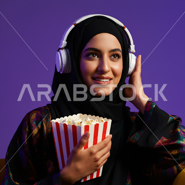 الاستمتاع بمشاهدة الأفلام وتناول الفوشار، قضاء أوقات ممتعة ومسلية، إيماءات وجه تدل على البهجة والسرور، بورتريه مقرب لشابة عربية خليجية سعودية ترتدي الحجاب والعباءة تضع سماعات الرأس تجلس على أريكة مريحة وتنظر إلى شيء ما، خلفية زرقاء