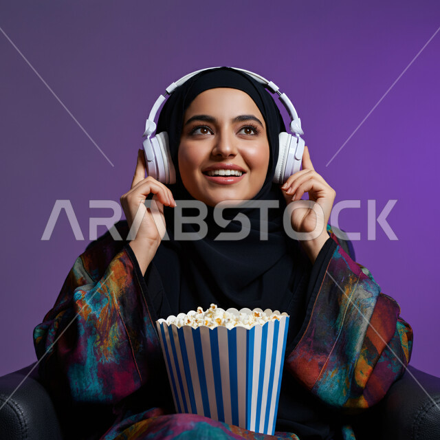 قضاء أوقات ممتعة ومسلية، إيماءات وجه تدل على البهجة والسرور، بورتريه مقرب لشابة عربية خليجية سعودية ترتدي الحجاب والعباءة تضع سماعات الرأس تجلس على أريكة مريحة وتنظر إلى شيء ما، تناول الفوشار والاستمتاع بمشاهدة الأفلام، خلفية زرقاء