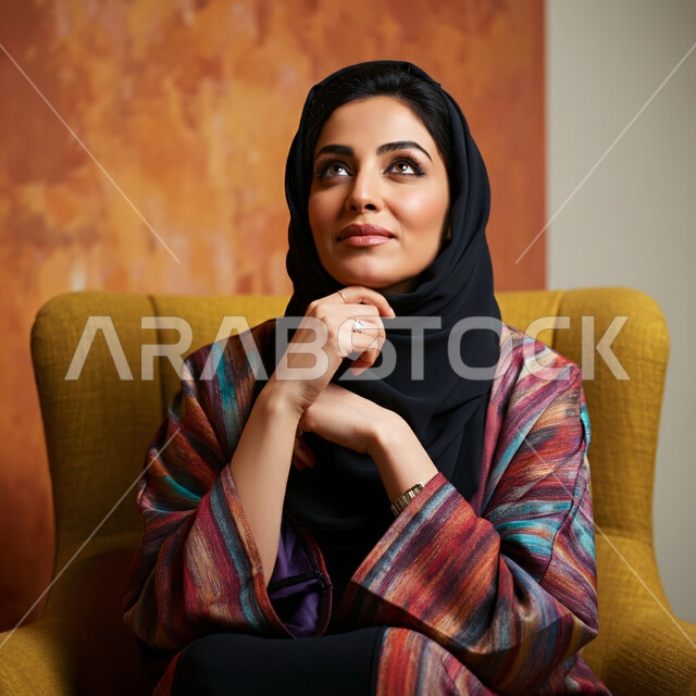 Making decisions with focus and absent-mindedness, trying to find a solution to problems, close-up of a Saudi Arabian Gulf woman wearing a hijab and abaya sitting on a sofa with her hand on her chin looking up with gestures of thinking and contemplation, looking carefully and planning for the future