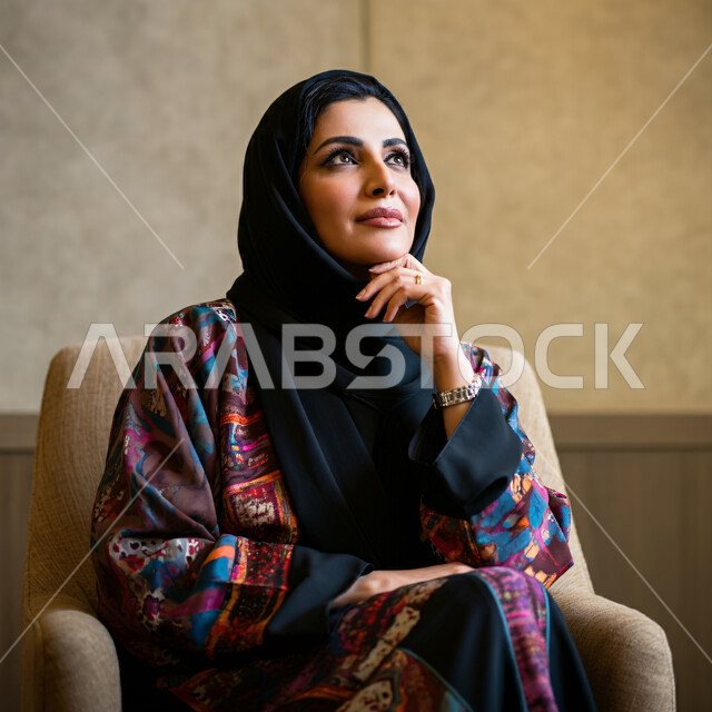 شرود الذهن واتخاذ القرارات بتركيز، النظر بتمعن والتخطيط للمستقبل، محاولة إيجاد حل للمشكلات، صورة مقربة لإمرأة عربية خليجية سعودية ترتدي الحجاب والعباءة تجلس على الكنبة تضع يدها على ذقنها تنظر إلى الأعلى بإيماءات التفكير والتأمل