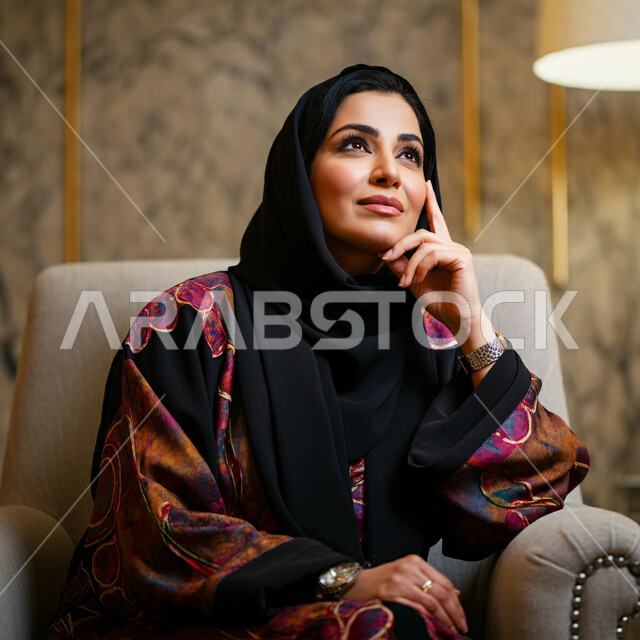 النظر بتمعن والتخطيط للمستقبل، محاولة إيجاد حل للمشكلات، صورة مقربة لإمرأة عربية خليجية سعودية ترتدي الحجاب والعباءة تجلس على الكنبة تضع يدها على ذقنها تنظر إلى الأعلى بإيماءات التفكير والتأمل، شرود الذهن واتخاذ القرارات بتركيز