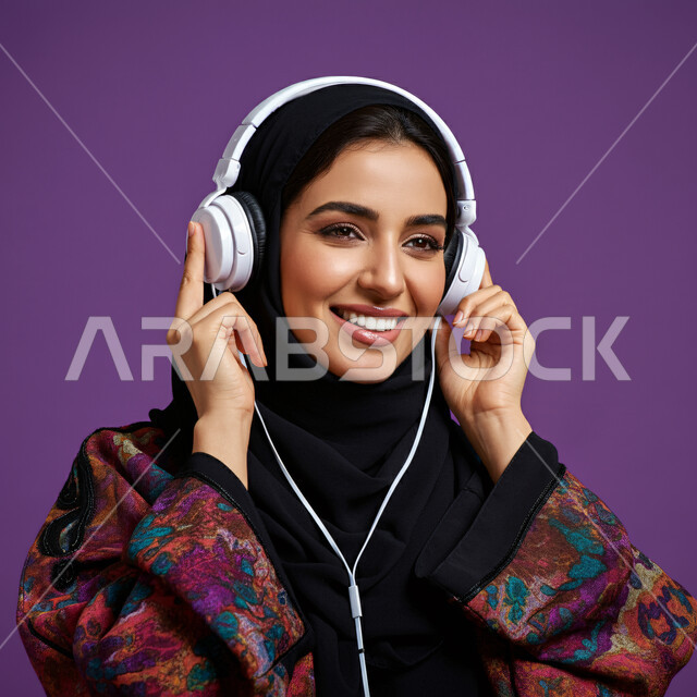 الاستمتاع في أوقات الفراغ، مفهوم الإصغاء والإستماع، استخدام تقنيات الهيدفون، بورتريه مقرب لسيدة عربية خليجية سعودية مبتسمة ترتدي الحجاب والعباءة تضع سماعات الرأس الصوتية تستمع إلى الموسيقى، إيماءات السعادة والاندماج، خلفية بنفسجية