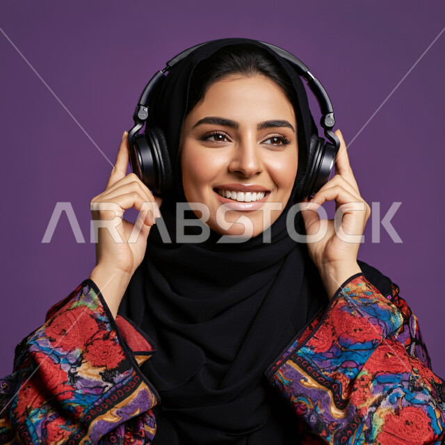 إيماءات السعادة والاندماج، مفهوم الإصغاء والإستماع، بورتريه مقرب لسيدة عربية خليجية سعودية مبتسمة ترتدي الحجاب والعباءة تضع سماعات الرأس الصوتية تستمع إلى الموسيقى، استخدام تقنيات الهيدفون، الاستمتاع في أوقات الفراغ، خلفية بنفسجية