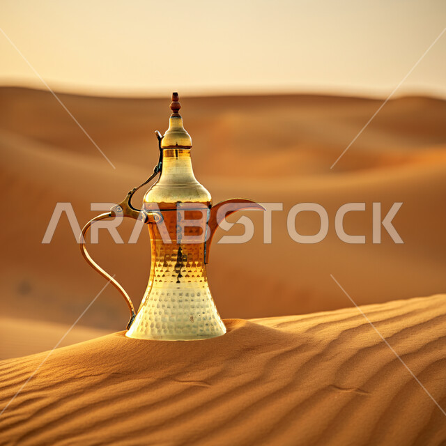 الاستمتاع بالمشروبات الساخنة في الطبيعة الصحراوية في المملكة العربية السعودية دلة قهوة عربية نحاسية وسط الرمال الذهبية الناعمة المتموجة في الصحراء، نمط الحياة في البادية، منتجات محلية وطنية،