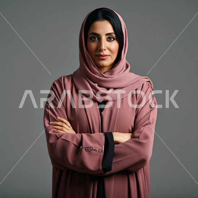 Concern for elegance and appearance, concept of femininity and softness, close-up portrait of a smiling Saudi Arabian Gulf woman wearing hijab and pink abaya looking at the camera with expressions of pleasure, gestures of self-confidence and standing with crossed hands, gray background