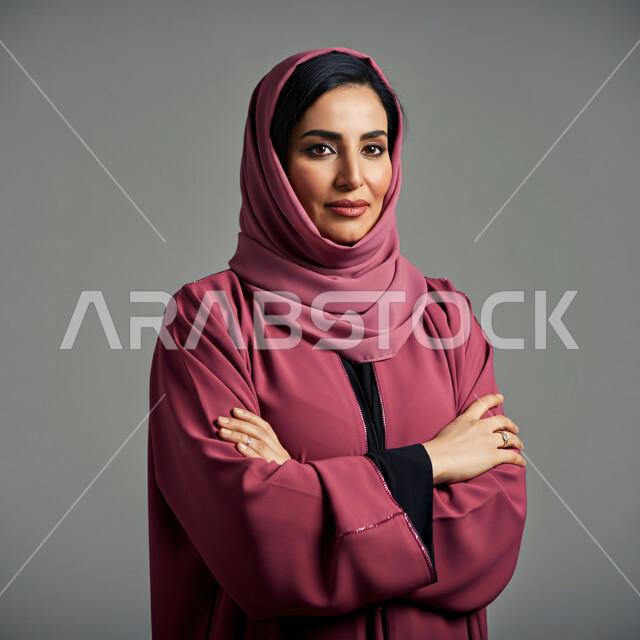 The concept of femininity and softness, interest in elegance and appearance, close-up portrait of a smiling Saudi Arabian Gulf woman wearing a hijab and a pink abaya looking at the camera with expressions of pleasure, gestures of self-confidence and standing with crossed hands, gray background