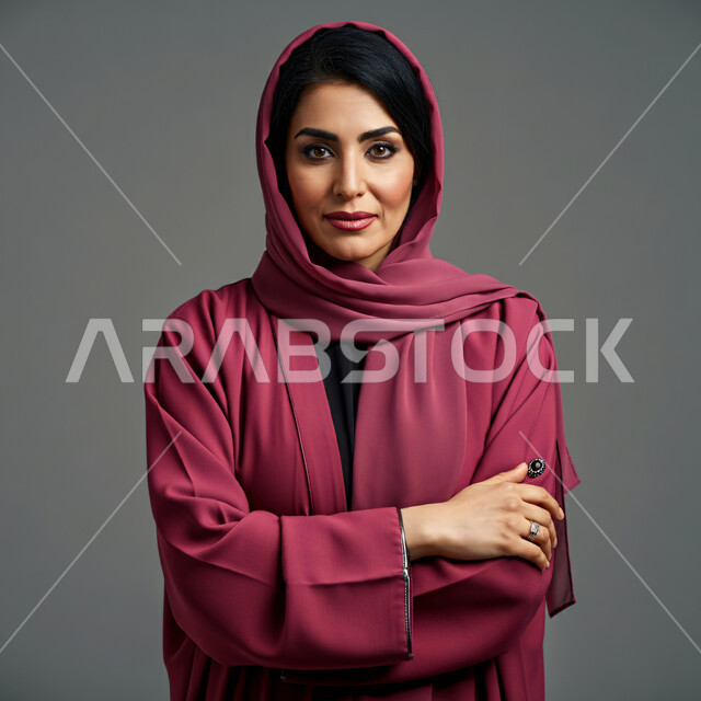 Concern for elegance and appearance, concept of femininity and softness, close-up portrait of a smiling Saudi Arabian Gulf woman wearing hijab and pink abaya looking at the camera with expressions of pleasure, gestures of self-confidence and standing with crossed hands, gray background