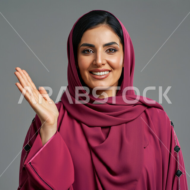 إيماءات الترحيب والسلام، مفهوم الأنوثة والنعومة، الاهتمام بالأناقة والمظهر الخارجي، بورتريه مقرب لإمرأة عربية خليجية سعودية مبتسمة ترتدي الحجاب والعباءة الوردية ترفع يدها للأعلى تنظر الى الكاميرا بتعابير السرور، خلفية رمادية
