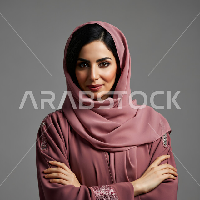 The concept of femininity and softness, interest in elegance and appearance, close-up portrait of a smiling Saudi Arabian Gulf woman wearing a hijab and a pink abaya looking at the camera with expressions of pleasure, gestures of self-confidence and standing with crossed hands, gray background