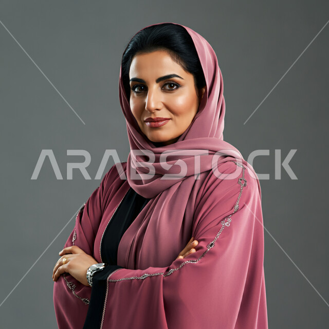 إيماءات الثقة بالنفس والوقوف بايدي متقاطعة، مفهوم الأنوثة والنعومة، الاهتمام بالأناقة والمظهر الخارجي، بورتريه مقرب لإمرأة عربية خليجية سعودية مبتسمة ترتدي الحجاب والعباءة الوردية تنظر الى الكاميرا بتعابير السرور، خلفية رمادية