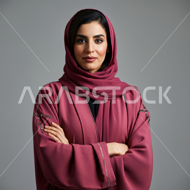 مفهوم الأنوثة والنعومة، الاهتمام بالأناقة والمظهر الخارجي، بورتريه مقرب لإمرأة عربية خليجية سعودية مبتسمة ترتدي الحجاب والعباءة الوردية تنظر الى الكاميرا بتعابير السرور، إيماءات الثقة بالنفس والوقوف بايدي متقاطعة، خلفية رمادية