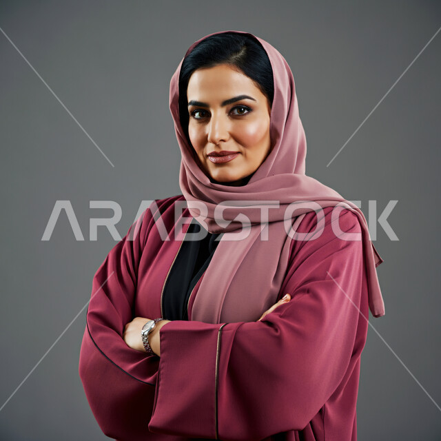 مفهوم الأنوثة والنعومة، الاهتمام بالأناقة والمظهر الخارجي، بورتريه مقرب لإمرأة عربية خليجية سعودية مبتسمة ترتدي الحجاب والعباءة الوردية تنظر الى الكاميرا بتعابير السرور، إيماءات الثقة بالنفس والوقوف بايدي متقاطعة، خلفية رمادية