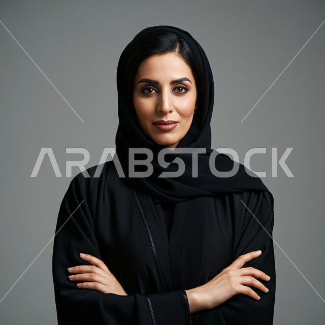 Concern for elegance and appearance, concept of femininity and softness, close-up portrait of a smiling Saudi Arabian Gulf woman wearing hijab and black abaya looking at the camera with expressions of pleasure, gestures of self-confidence and standing with crossed hands, gray background
