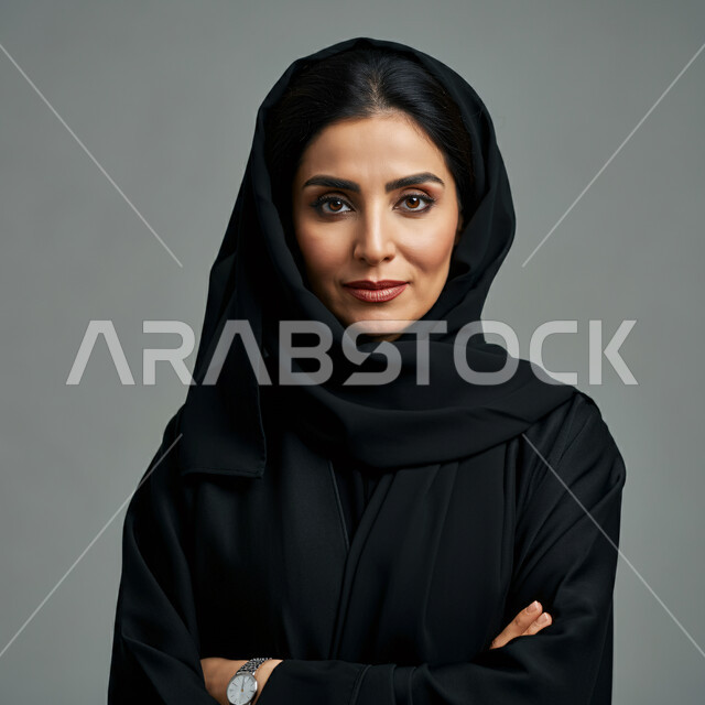 The concept of femininity and softness, interest in elegance and appearance, close-up portrait of a smiling Saudi Arabian Gulf woman wearing a hijab and a black abaya looking at the camera with expressions of pleasure, gestures of self-confidence and standing with crossed hands, gray background