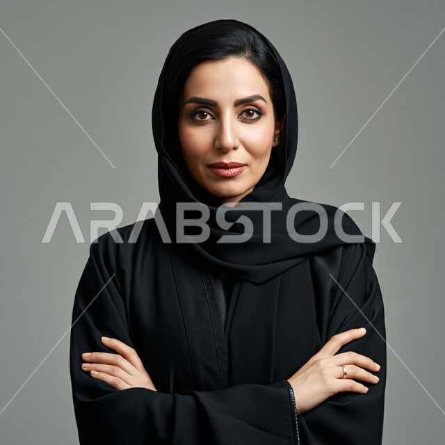 مفهوم الأنوثة والنعومة، الاهتمام بالأناقة والمظهر الخارجي، بورتريه مقرب لإمرأة عربية خليجية سعودية مبتسمة ترتدي الحجاب والعباءة السوداء تنظر الى الكاميرا بتعابير السرور، إيماءات الثقة بالنفس والوقوف بايدي متقاطعة، خلفية رمادية