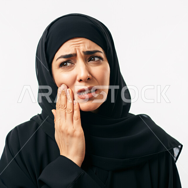 الحاجه لزيارة الطبيب، طلب العلاج و المساعده، تسوس الأضراس وإلتهاب اللثه، بورتريه مقرب لإمرأه عربيه خليجيه سعودية ترتدي الحجاب والعباءة السوداء تضع يدها على خدها بإيماءات تدل على الشعور بألم الأسنان، خلفية بيضاء