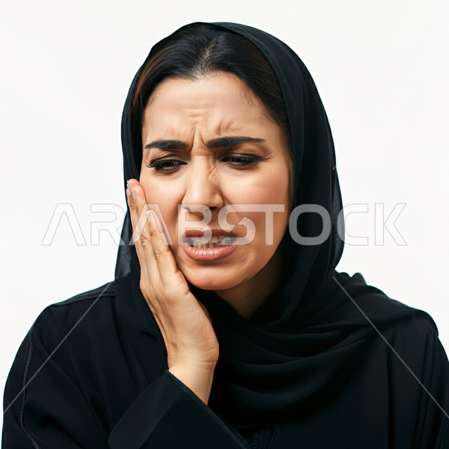 طلب العلاج و المساعده، تسوس الأضراس وإلتهاب اللثه، بورتريه مقرب لإمرأه عربيه خليجيه سعودية ترتدي الحجاب والعباءة السوداء تضع يدها على خدها بإيماءات تدل على الشعور بألم الأسنان، الحاجه لزيارة الطبيب، خلفية بيضاء