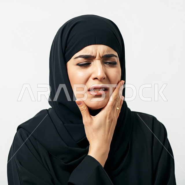 الحاجه لزيارة الطبيب، طلب العلاج و المساعده، تسوس الأضراس وإلتهاب اللثه، بورتريه مقرب لإمرأه عربيه خليجيه سعودية ترتدي الحجاب والعباءة السوداء تضع يدها على خدها بإيماءات تدل على الشعور بألم الأسنان، خلفية بيضاء