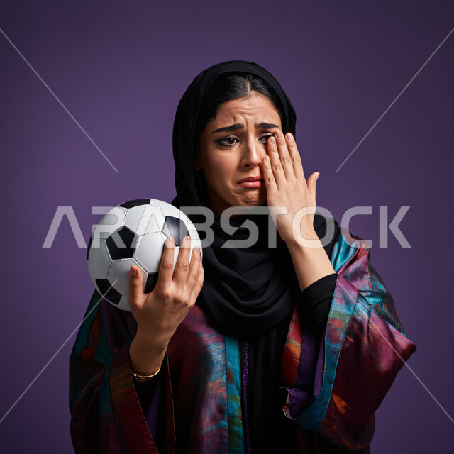 إيماءات وجه ويدين تدل على الخسارة، الحسرة والحزن لعدم فوز الفريق المفضل، مشاهدة وتشجيع أندية كرة القدم في وقت الفراغ، بورتريه مقرب لشابة عربية سعودية خليجية حزينة ترتدي الحجاب والعباءة تحمل بيدها كرة قدم، خلفية بنفسجية
