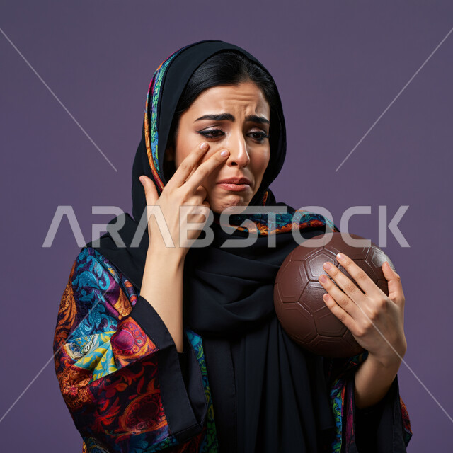 الحسرة والحزن لعدم فوز الفريق المفضل، مشاهدة وتشجيع أندية كرة القدم في وقت الفراغ، بورتريه مقرب لشابة عربية سعودية خليجية حزينة ترتدي الحجاب والعباءة تحمل بيدها كرة قدم، إيماءات وجه ويدين تدل على الخسارة، خلفية بنفسجية