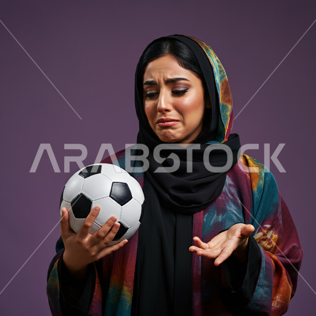 إيماءات وجه ويدين تدل على الحسرة والحزن لخسارة الفريق، مشاهدة وتشجيع أندية كرة القدم في وقت الفراغ، بورتريه مقرب لشابة عربية سعودية خليجية حزينة ترتدي الحجاب والعباءة تحمل بيدها كرة قدم، خلفية بنفسجية