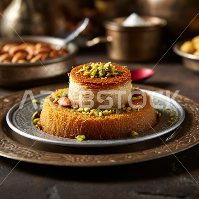 طبق من الكنافة اللذيذة المزينة بالفستق الحلبي، فن تقديم الحلا في مطاعم المملكة العربية السعودية، مأكولات غنية بالسكريات والسعرات الحرارية، الحلويات العربية الشرقية