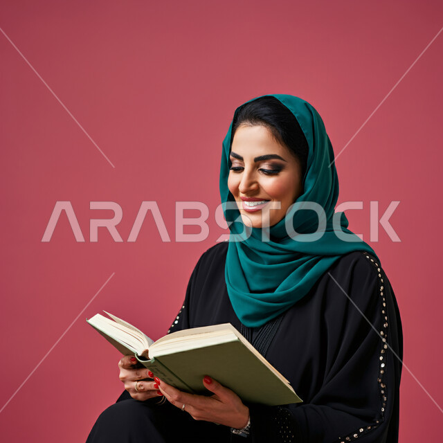 إنجاز الواجبات اليومية، قضاء الوقت بالقراءة والتعلم والتثقف، بورتريه مقرب لامرأة عربية سعودية خليجية ترتدي الحجاب والعباءة تحمل بيديها كتاب، الاستمتاع بقراءة الكتب والقصص والروايات، ثقافة التعلم الذاتي، خلفية حمراء