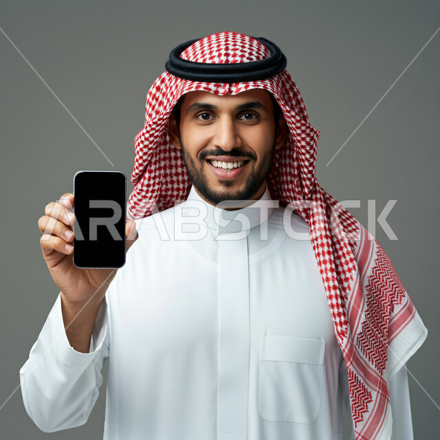Using advanced technology for digital marketing, displaying mobile applications and services, portrait of a smiling young Saudi Arabian Gulf man wearing a traditional keffiyeh and thobe holding a mobile device with a blank black screen, social media programs via phone, gray background