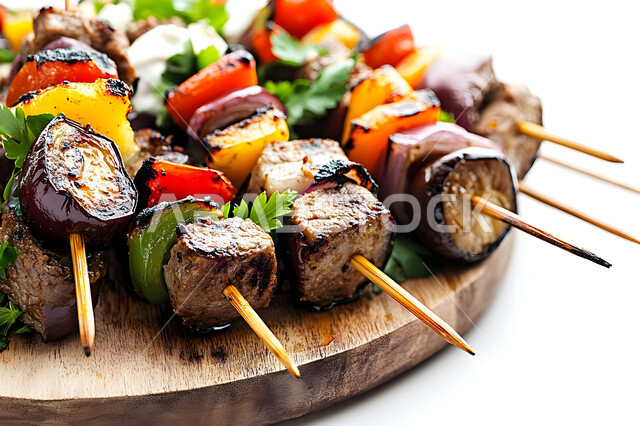 مطاعم الشواء في المملكة العربية السعودية، أطباق الباربكيو الشهية، مأكولات وأصناف عربية شرقية، وجبات الطعام اللذيذة الصحية، صورة مقربة لطبق من اللحم المشوي مع الخضار، خلفية بيضاء